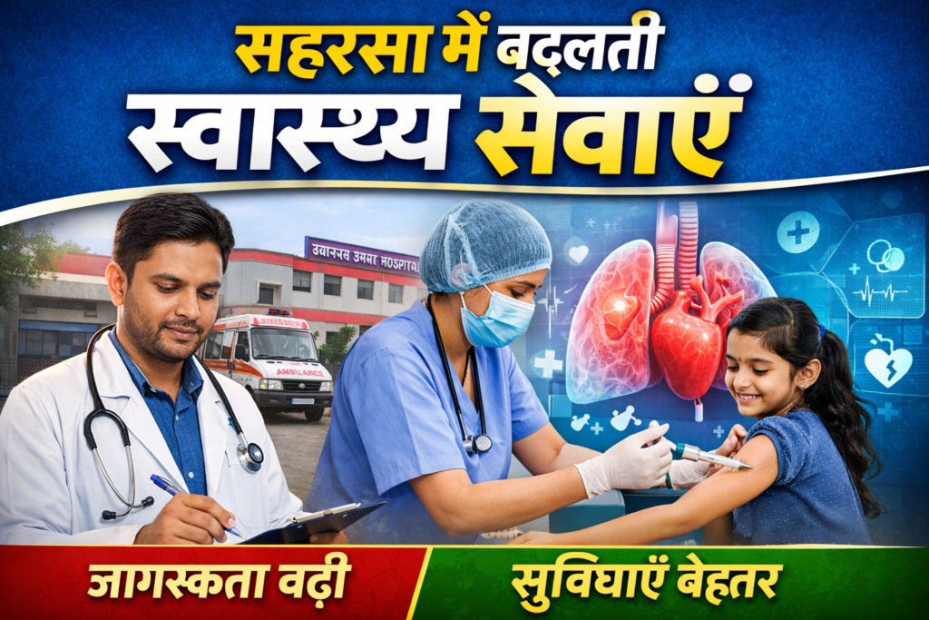 सहरसा में स्वास्थ्य सेवाओं पर आधारित न्यूज़ थंबनेल, जिसमें डॉक्टर अस्पताल के सामने खड़े हैं, एक नर्स बच्ची को टीका लगा रही है, पीछे एम्बुलेंस और हृदय-फेफड़ों की ग्राफिक इमेज दिखाई दे रही है, साथ में लिखा है – “सहरसा में बदलती स्वास्थ्य सेवाएं, जागरूकता बढ़ी सुविधाएं बेहतर।